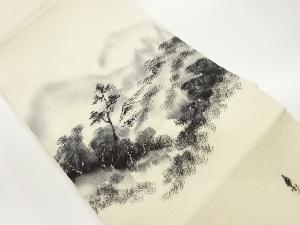 作家物　縮緬地金彩手描き草木に古民家風景模様名古屋帯